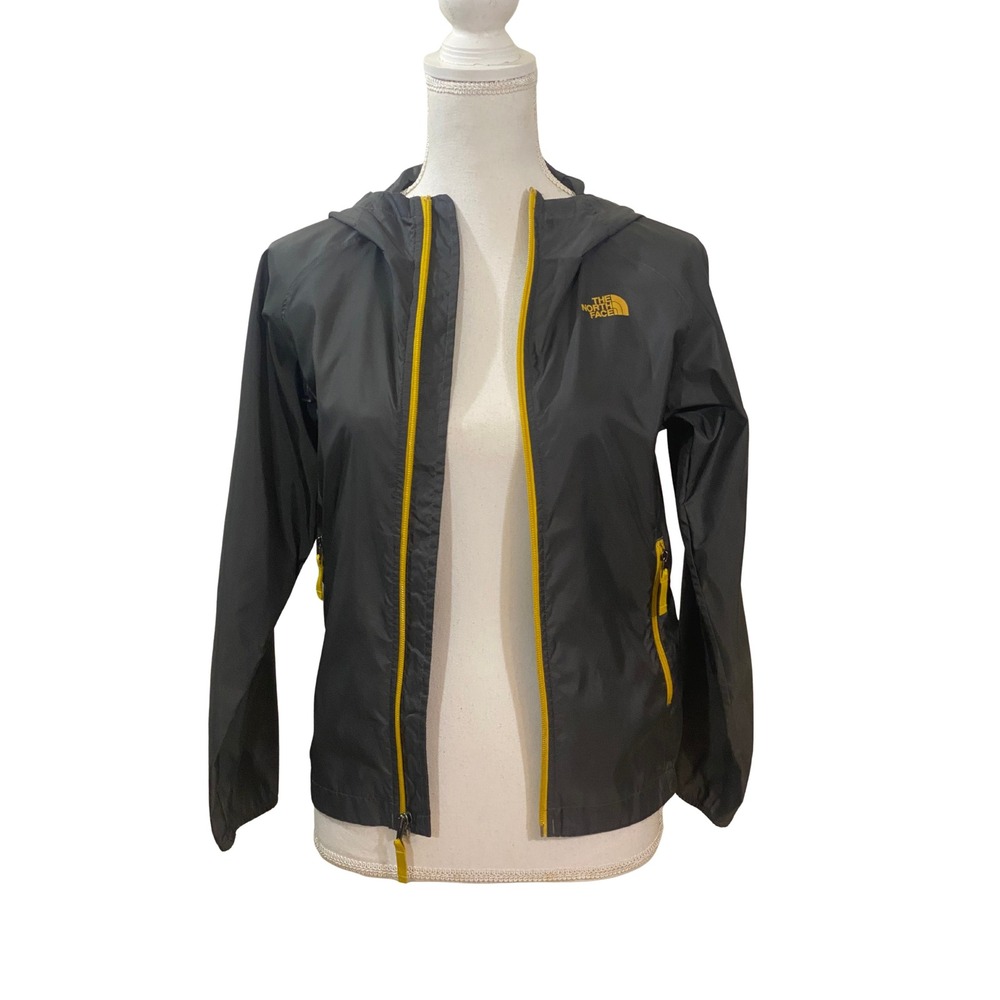 The North Face Kids Hyvent Hooded Windbreaker Jacket Gray Yellow Size 10 12
